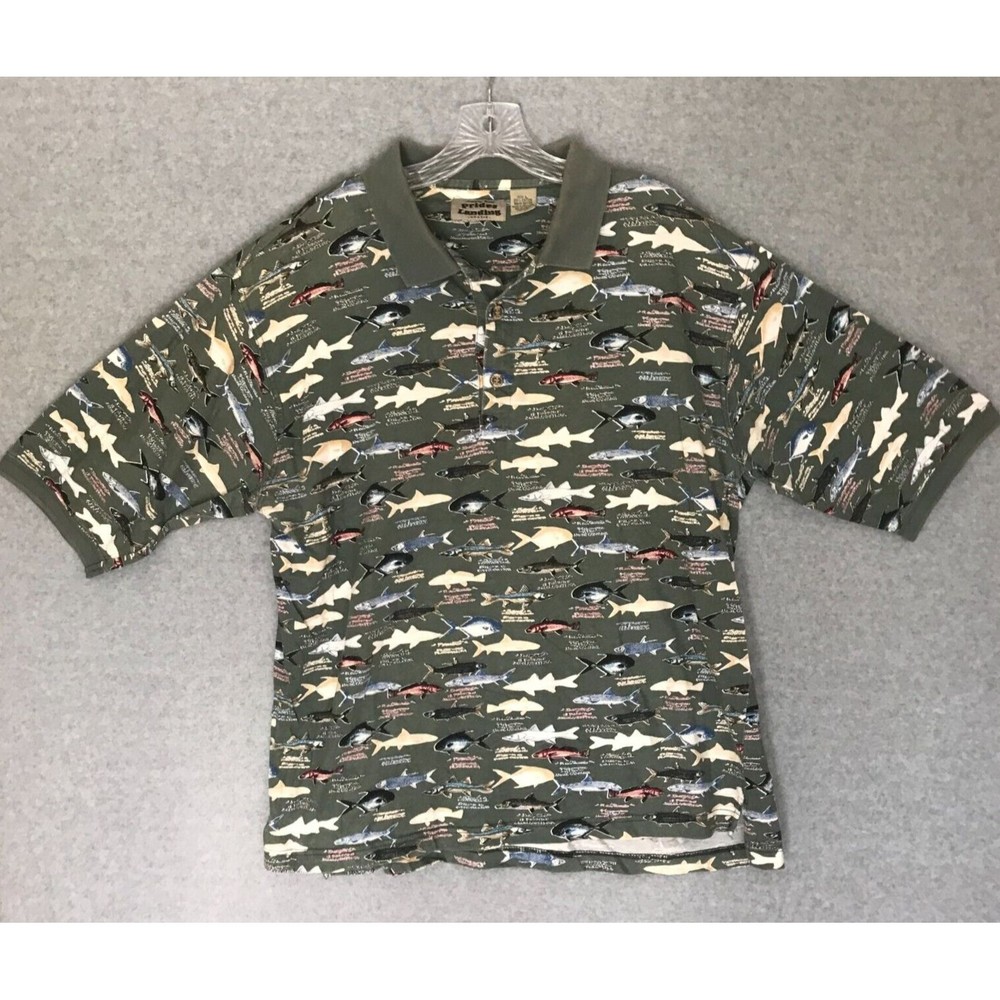 Vintage Prides‎ Landing Fishing Polo Shirt Mens Large Green Short Sleeve Cotton
